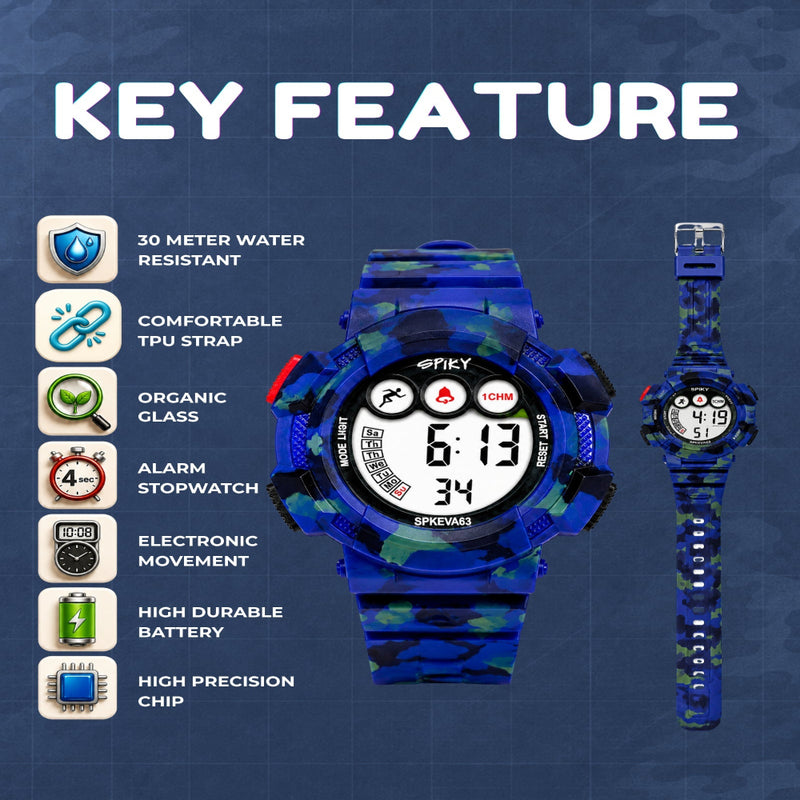 Spiky SPKEVA63 Round Digital Sports Watch For Kids | Military, Camouflage Design