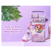 Unicorn Double Straw Water Bottle With Handle Animal Design