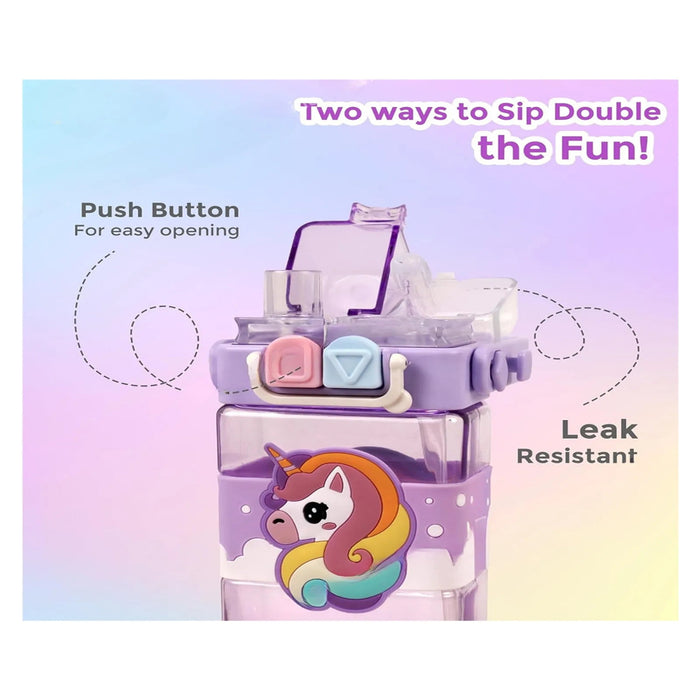 Unicorn Double Straw Water Bottle With Handle Animal Design-LunchBox & Water Bottles-Bright International-Toycra