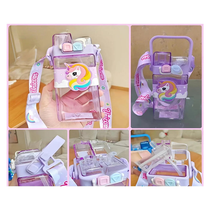 Unicorn Double Straw Water Bottle With Handle Animal Design-LunchBox & Water Bottles-Bright International-Toycra