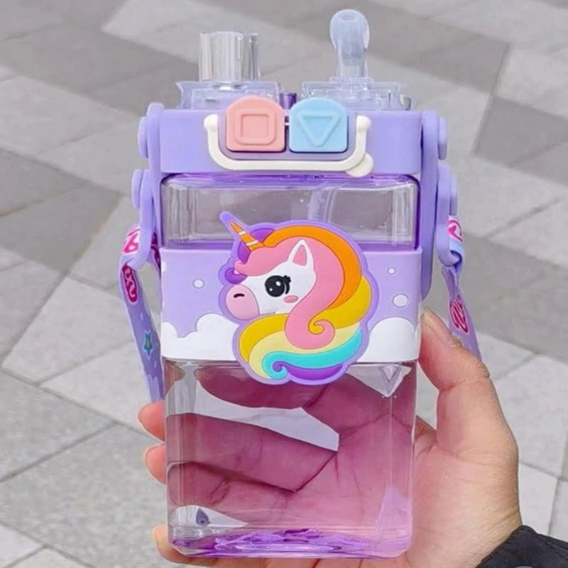 Unicorn Double Straw Water Bottle With Handle Animal Design