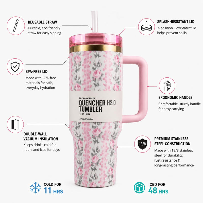 VHV 40oz Floral Theme Premium Vacuum Insulated Stainless Steel Tumbler With Handle