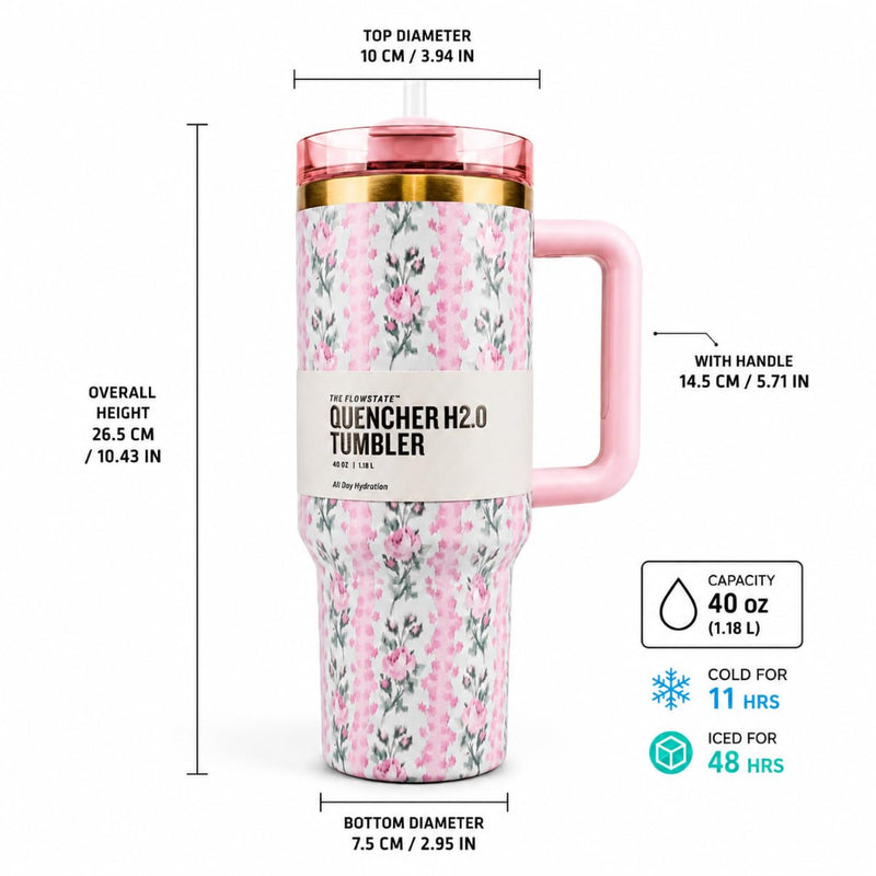 VHV 40oz Floral Theme Premium Vacuum Insulated Stainless Steel Tumbler With Handle