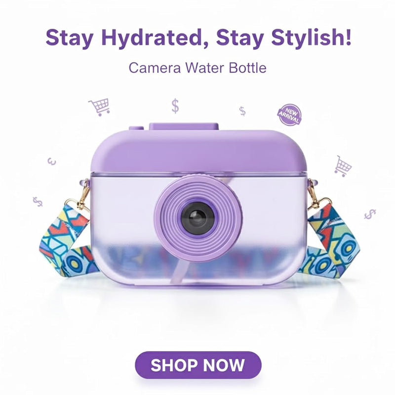VHV Camera Shaped Water Bottle With Crossbody Strap - 400Ml
