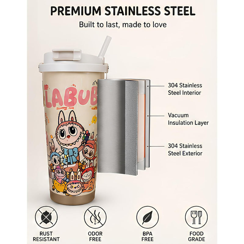 VHV Labubu Themed Stainless Steel Coffee Mug With Straw 520 ML - Multi Design