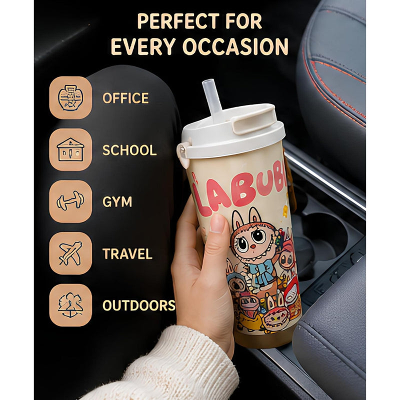 VHV Labubu Themed Stainless Steel Coffee Mug With Straw 520 ML - Multi Design