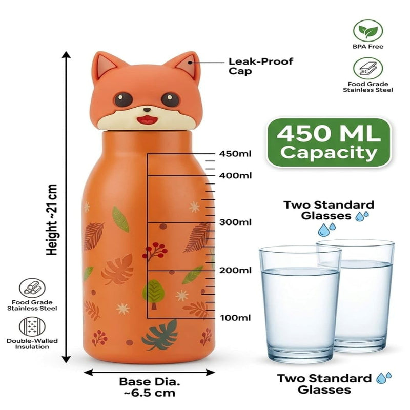 VHV Stainless Steel Animal Character Design Water Bottles - 450 Ml