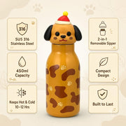 VHV Stainless Steel Cute Animal Character Water Bottle - 450 Ml