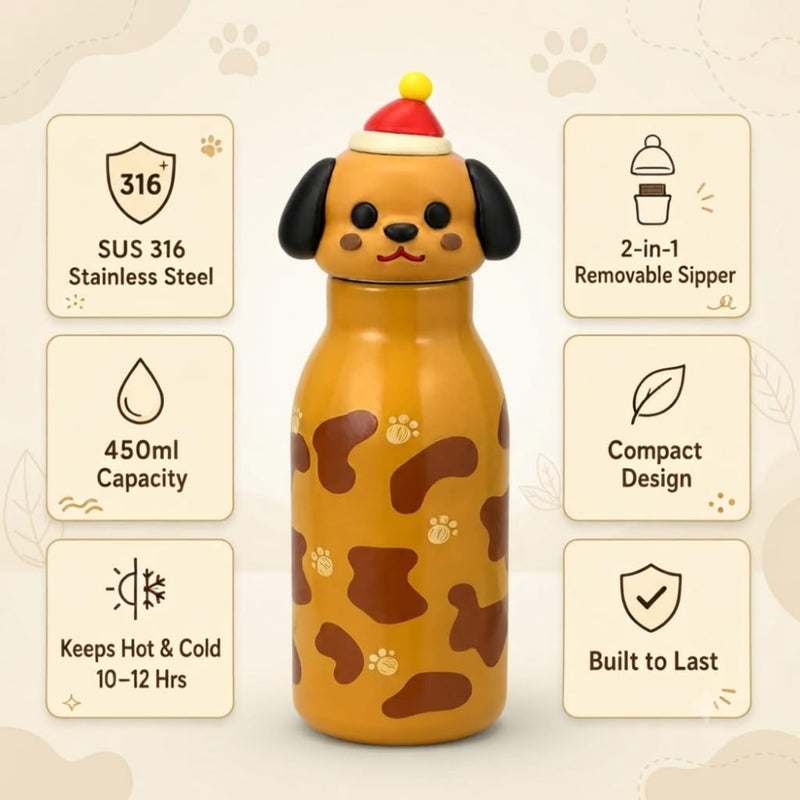 VHV Stainless Steel Cute Animal Character Water Bottle - 450 Ml