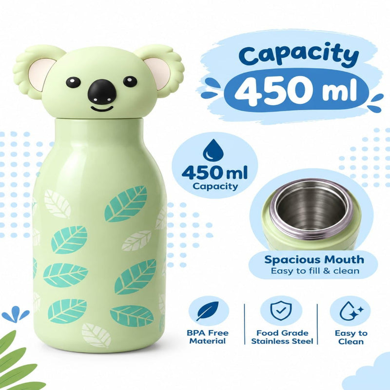 VHV Stainless Steel Cute Animal Character Water Bottle - 450 Ml