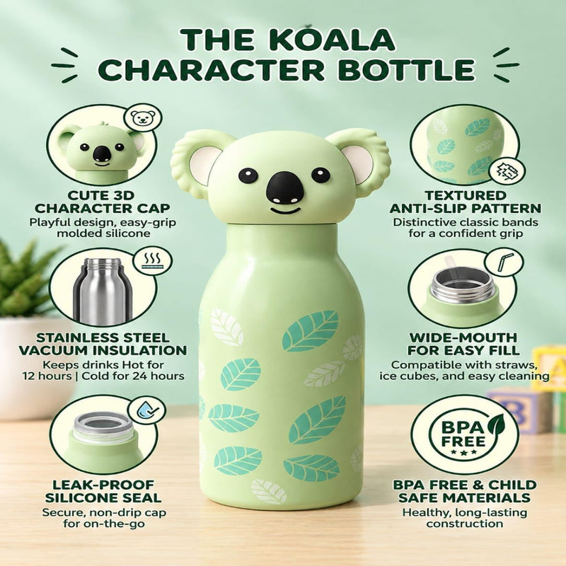 VHV Stainless Steel Cute Animal Character Water Bottle - 450 Ml