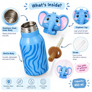VHV Stainless Steel Cute Animal Character Water Bottle - 450 Ml