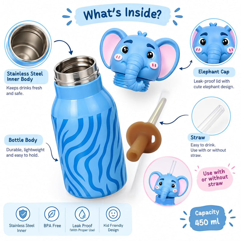 VHV Stainless Steel Cute Animal Character Water Bottle - 450 Ml