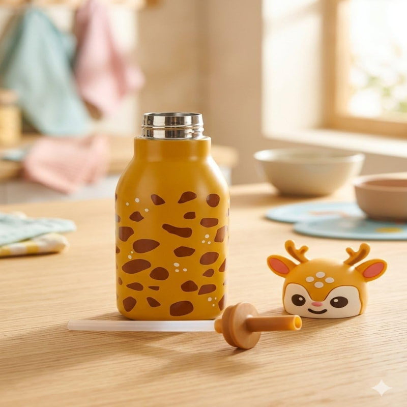 VHV Stainless Steel Cute Animal Character Water Bottle - 450 Ml