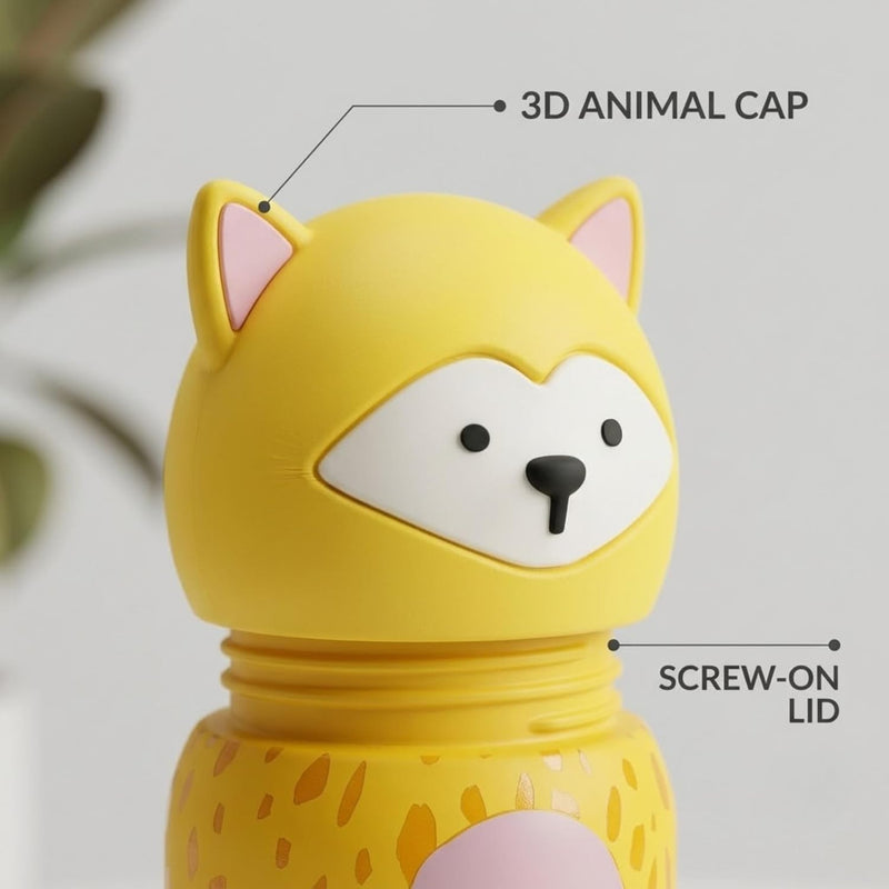VHV Sus304 Kids Animal Water Bottle With 3D Animal Cap - 430Ml