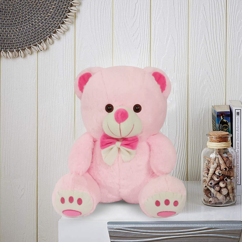 Webby Plush Cute Sitting Teddy Bear Soft Toys with Neck Bow and Foot Print Pink 35 cm