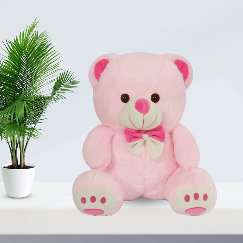 Webby Plush Cute Sitting Teddy Bear Soft Toys with Neck Bow and Foot Print Pink 35 cm