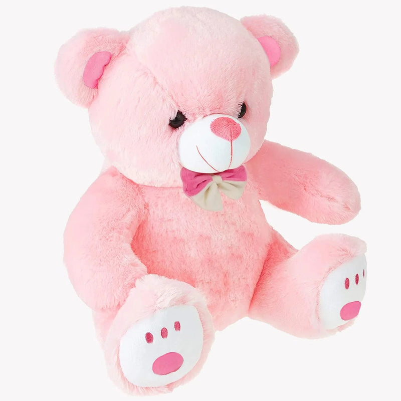 Webby Plush Cute Sitting Teddy Bear Soft Toys with Neck Bow and Foot Print Pink 35 cm