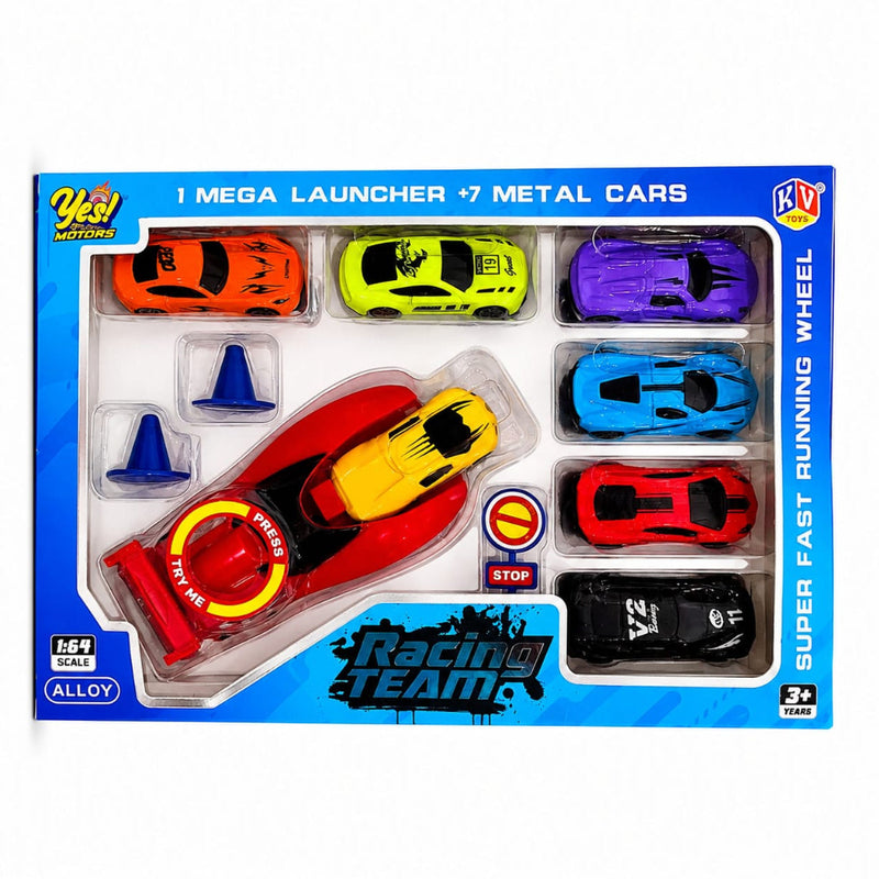 K V Toys Racing Team Mega Launcher Toy Car Set With 7 Metal Alloy Cars - Multicolor