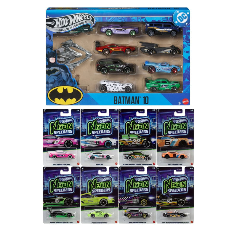 Hot Wheels 2026 Neon Speeders Set of 8 +Silver Series Batman Collection Pack of 10 Cars