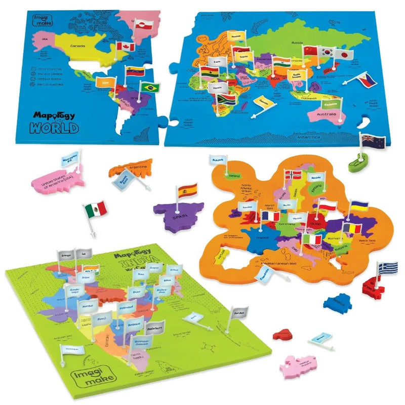 Imagimake Mapology Combo: Map Puzzle of India and World with Capitals and Flags of Countries