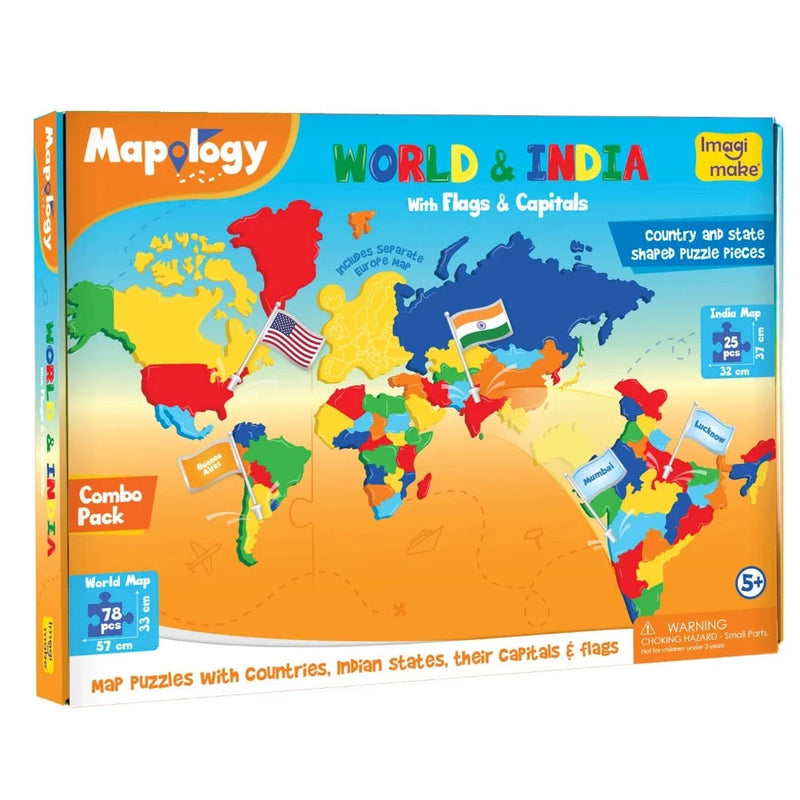 Imagimake Mapology Combo: Map Puzzle of India and World with Capitals and Flags of Countries