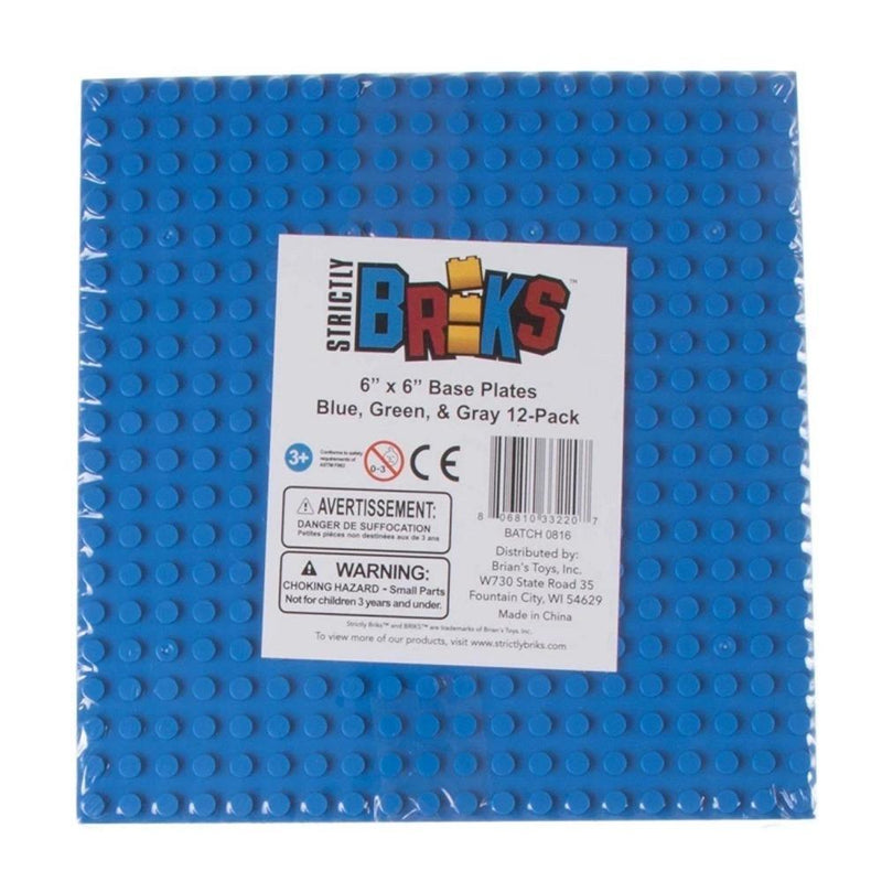 Strictly Briks Stackable Baseplates - 6" x 6" - 12 Pack - Blue, Gray, Green